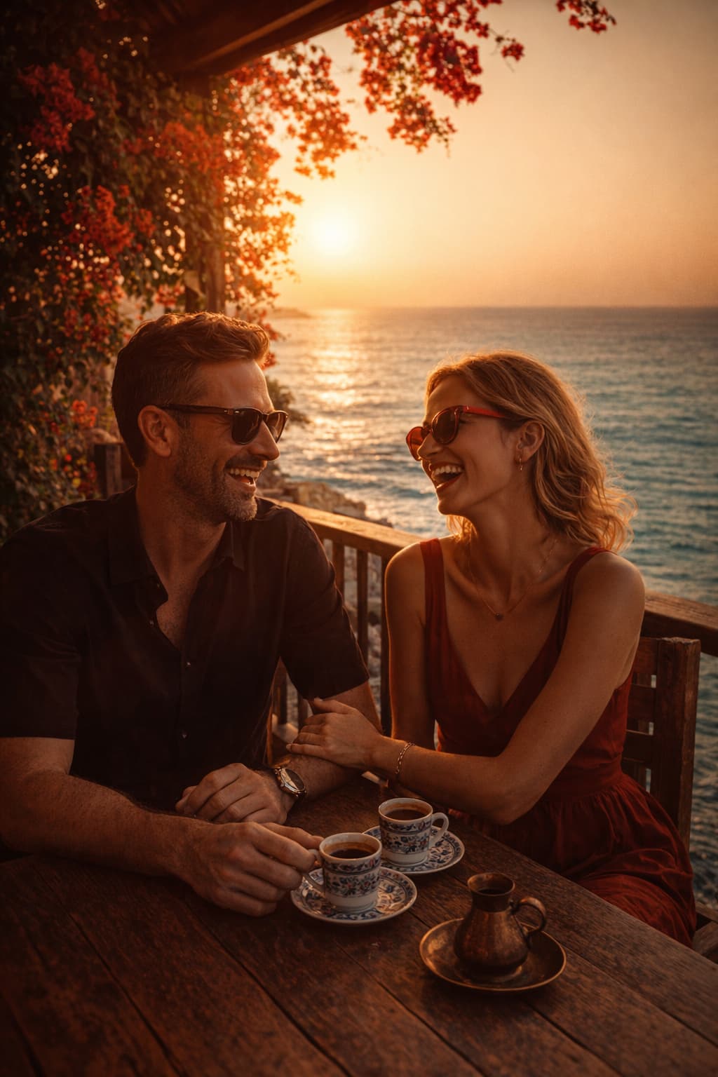 A couple enjoying a Friday afternoon at a seaside café in North Cyprus with Turkish coffee and Mediterranean sea views