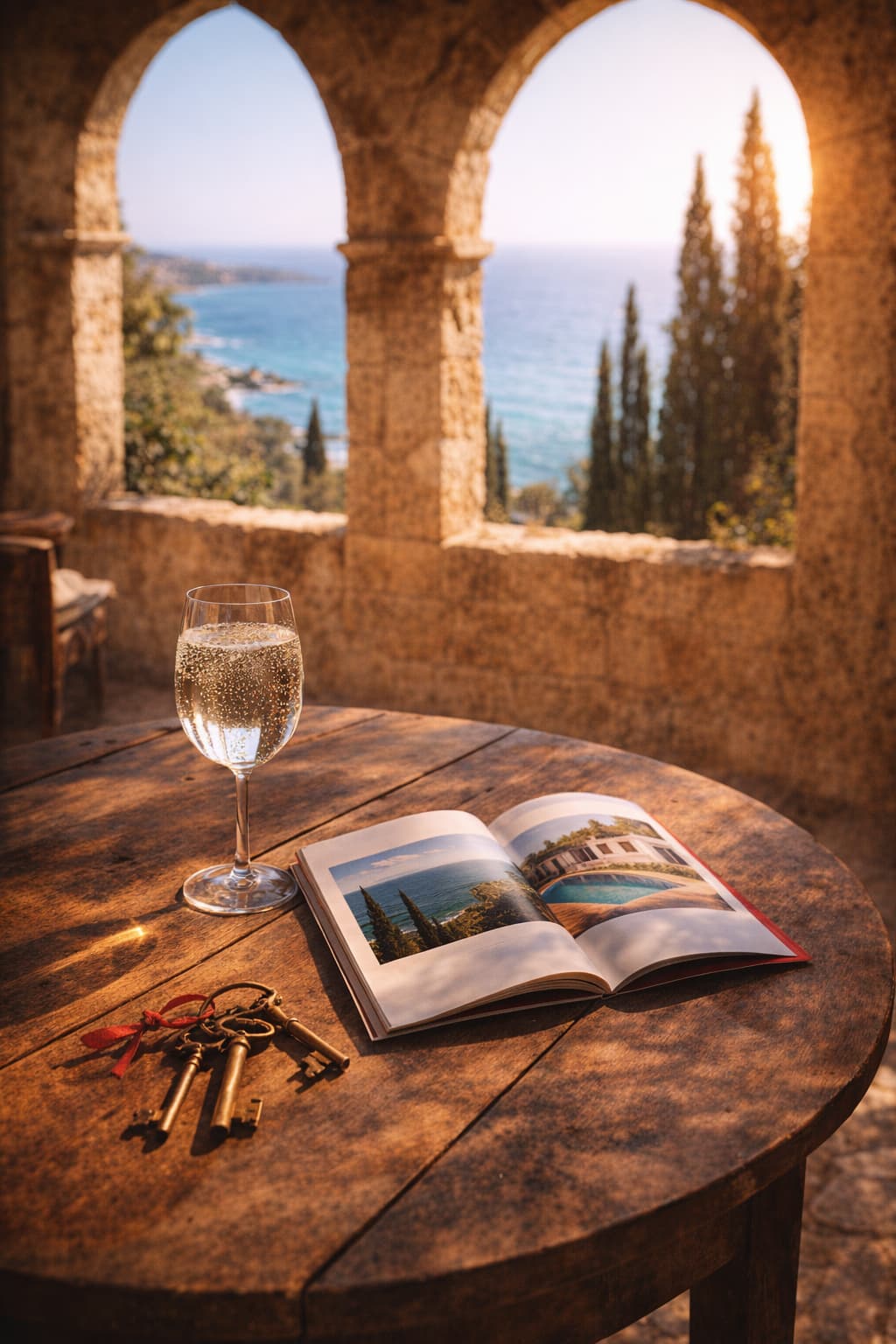A terrace table with property keys, a brochure, and a Mediterranean sea view through stone arched windows in North Cyprus