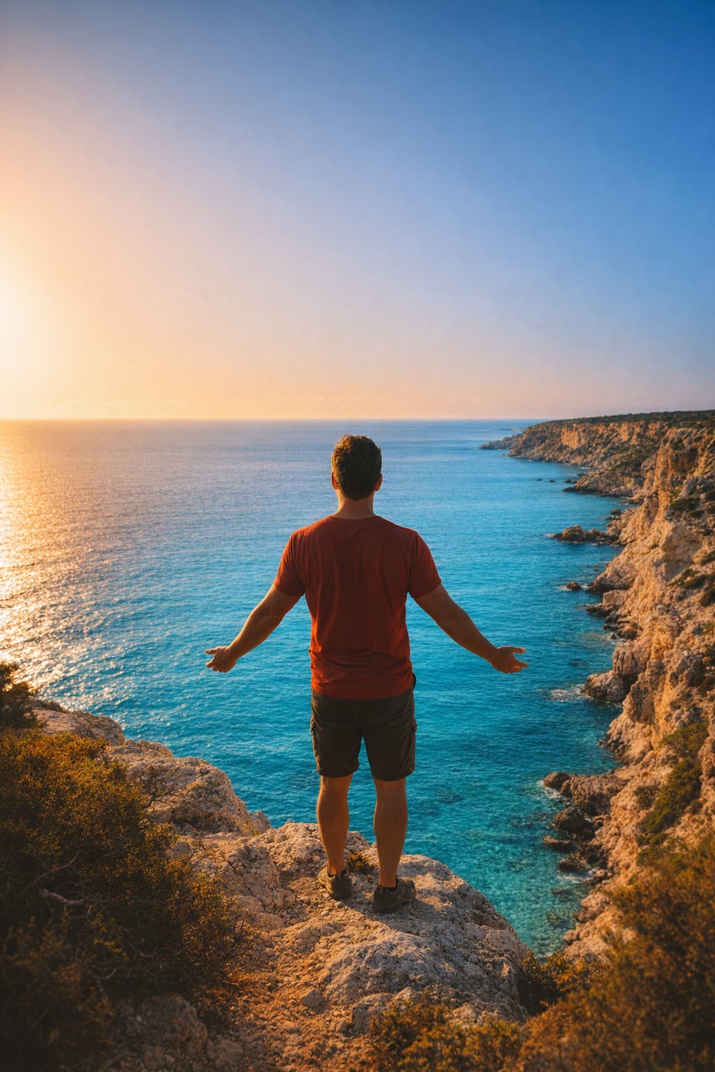 A traveller standing on a clifftop overlooking the turquoise North Cyprus Mediterranean coastline on a bright Monday morning