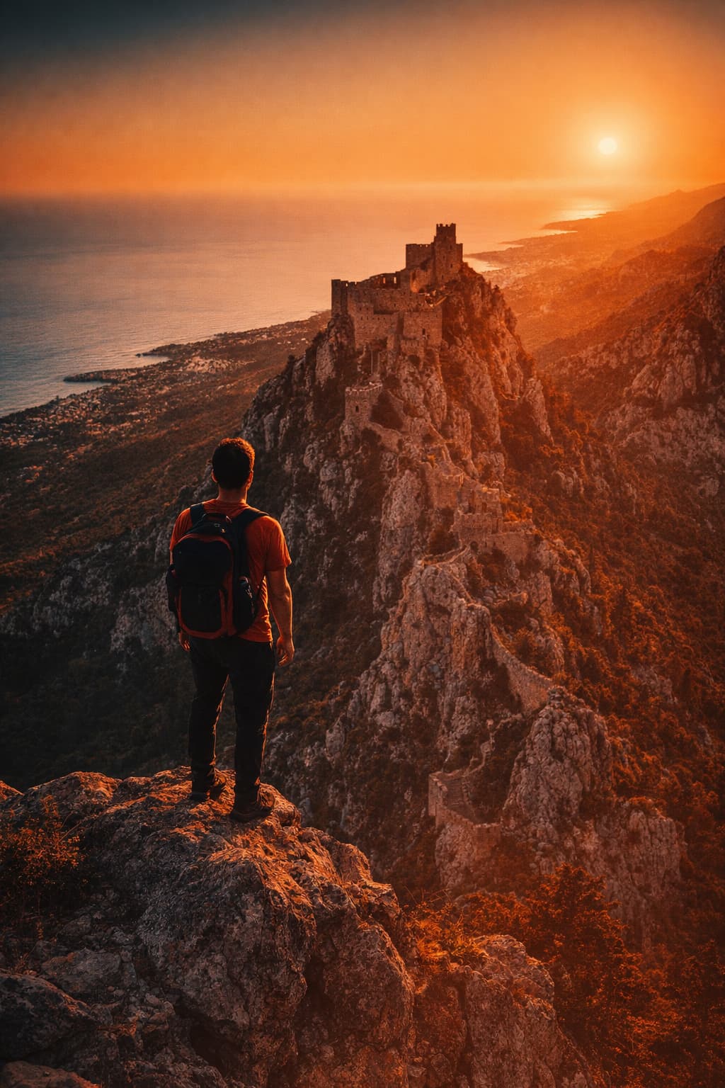 A traveller standing at a scenic viewpoint overlooking an ancient North Cyprus castle and the blue Mediterranean sea at golden morning light