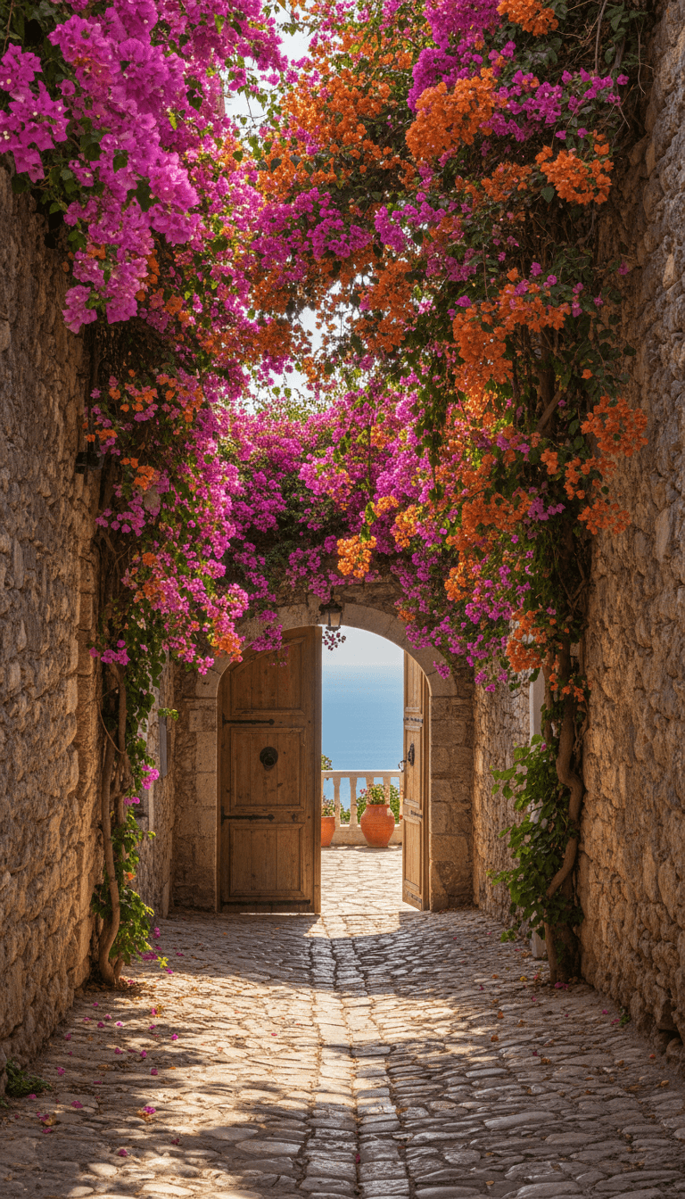 Sunlit cobblestone alleyway with bougainvillea and stone walls in a North Cypriot village
