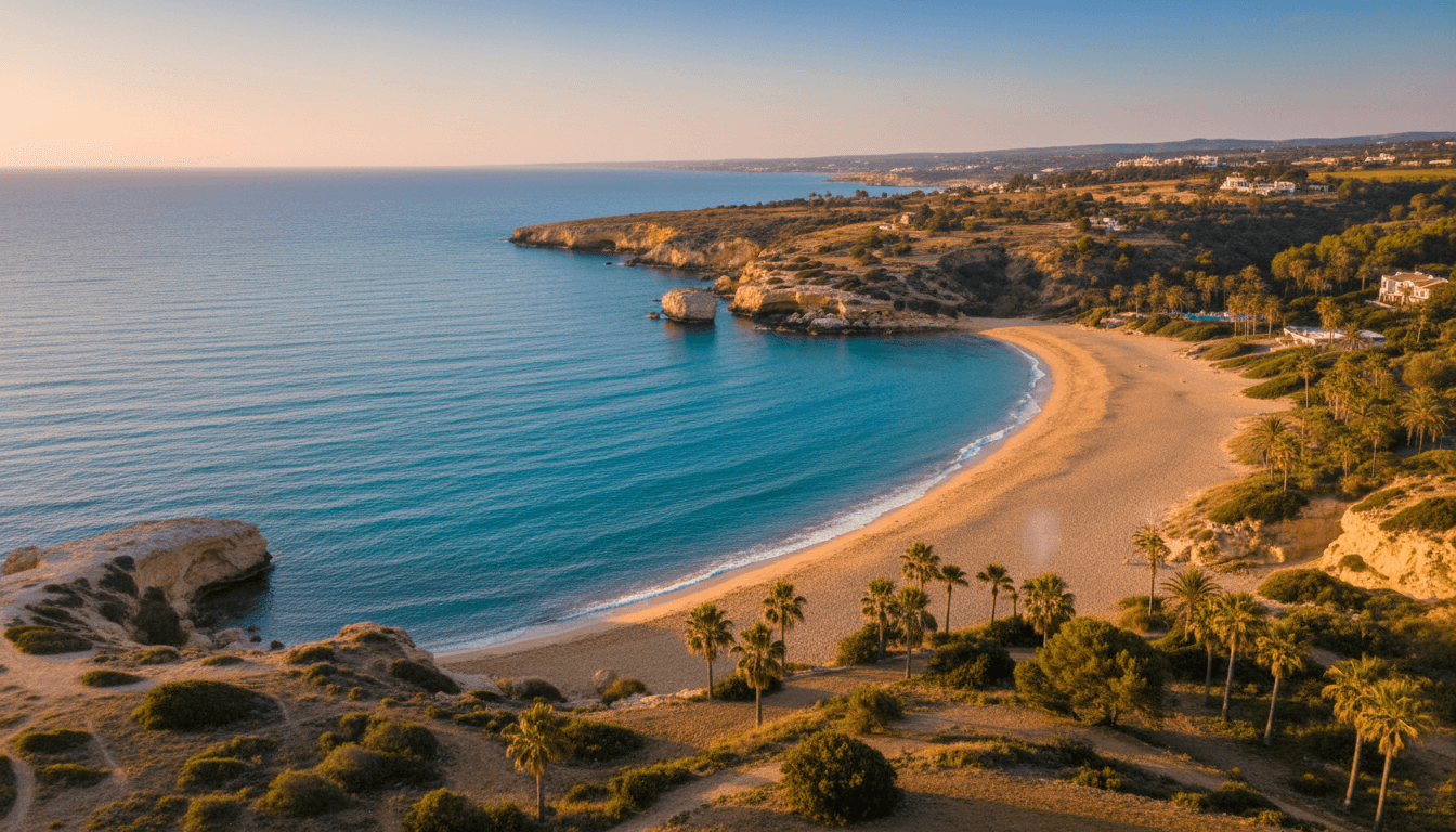 Beautiful Cyprus coastline with turquoise waters and golden beaches at sunset