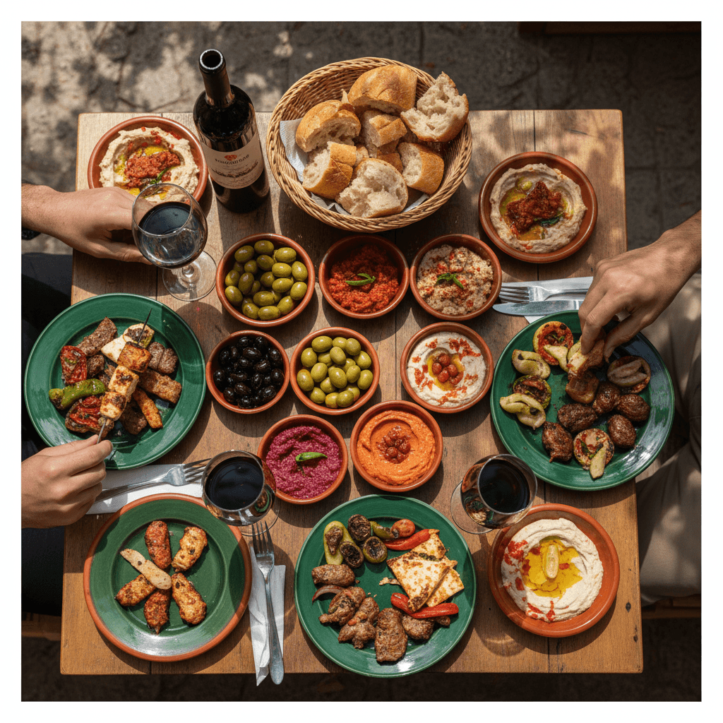 Traditional Cypriot meze spread during guided tour meal