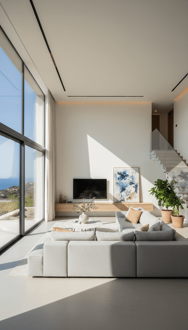 Bright modern home interior with large windows overlooking Cyprus landscape